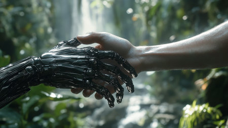 In a luminous corridor, a robotic hand and a human hand clasp together, symbolizing unity and progress. The setting features advanced technology and bright lighting that enhances the moment.の素材