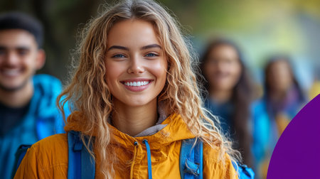 A group of smiling young adults wearing colorful jackets and backpacks explore the great outdoors. They share a moment of joy in a vibrant natural landscape, showing camaraderie and adventure.の素材