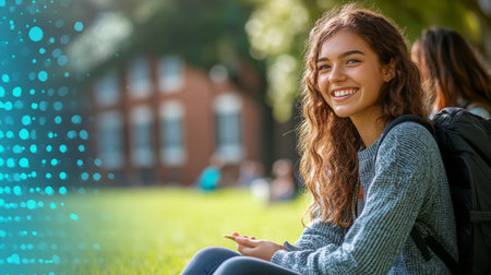 A group of smiling young adults wearing colorful jackets and backpacks explore the great outdoors. They share a moment of joy in a vibrant natural landscape, showing camaraderie and adventure.の素材
