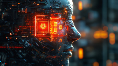 A humanoid robot stands in a dimly lit futuristic environment illuminated by red and blue lights.の素材
