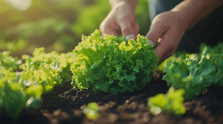 Hands gently cradle a head of lettuce, surrounded by lush green foliage. The setting reflects a tranquil garden atmosphere, showing the beauty of fresh produce.の素材