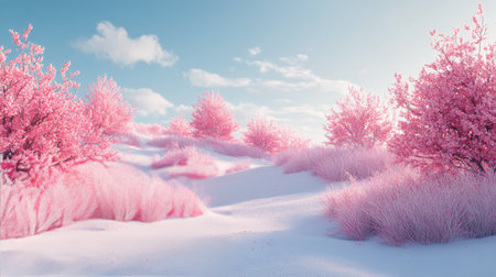 Blooming cherry blossoms create a picturesque scene along a quiet road, inviting peaceful strolls on a gentle spring morning. Soft light highlights the vibrant pink petals.の素材