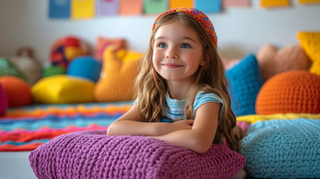 A joyful young child with curly hair lies on the floor surrounded by vibrant balls. The classroom is filled with other children and colorful toys, creating a lively atmosphere.の素材