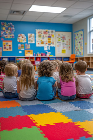 A group of young children sits on a vibrant carpet in a classroom while facing forward. The walls display educational materials and artwork, creating a lively atmosphere.の素材