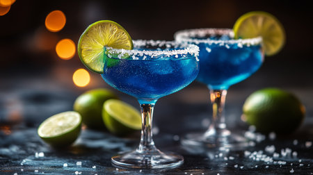 Two vibrant blue cocktails are served in crystal glasses adorned with lime slices and salt rims. Fresh lime halves are scattered nearby, adding to the festive atmosphere.の素材