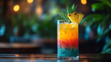A colorful drink filled with ice sits on a wooden table. Garnished with fresh pineapple and mint, this thirst quencher is perfect for enjoying on a warm beachside afternoon.の素材