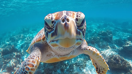 A green sea turtle glides effortlessly through the clear waters of a coral reef. Sunlight filters down, illuminating the colorful marine life and rock formations surrounding the turtle.の素材