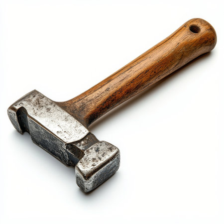 A metal hammer with a wooden handle rests on a flat surface, showing its sturdy design perfect for various construction and repair tasks in home improvement activities.の素材