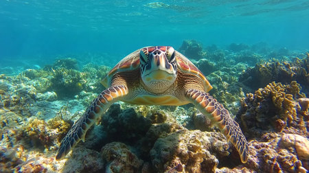 A green sea turtle glides effortlessly through the clear waters of a coral reef. Sunlight filters down, illuminating the colorful marine life and rock formations surrounding the turtle.の素材