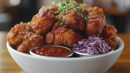 A bowl filled with golden crispy fried chicken wings is presented alongside a small dish of dipping sauce. Fresh parsley garnishes the chicken, enhancing its appealing look.の素材