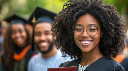A happy young woman wearing a graduation cap and gown smiles proudly while holding her diploma. Friends and family celebrate her achievement in the background at an outdoor event.の素材