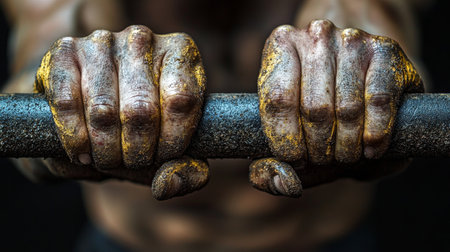 Hands covered in chalk hold tightly onto a gym barbell, showcasing strength and determination during an intense workout session in a dimly lit gym.の素材