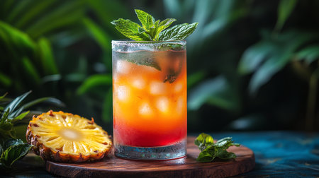 A colorful drink filled with ice sits on a wooden table. Garnished with fresh pineapple and mint, this thirst quencher is perfect for enjoying on a warm beachside afternoon.の素材
