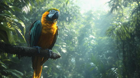 A vibrant parrot with a mix of blue and yellow feathers sits on a tree branch. The background features dense greenery and mist, highlighting the beauty of the rainforest in the early morning light.の素材