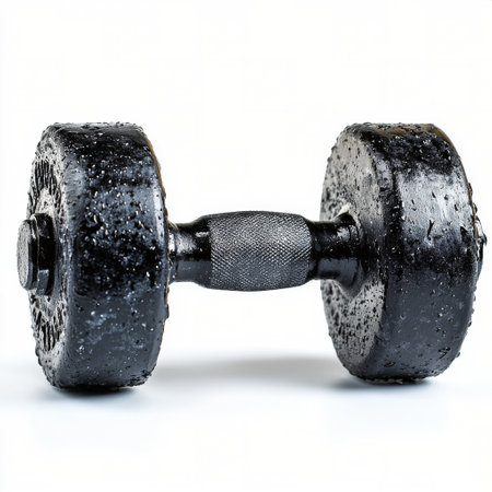 A shiny chrome dumbbell lies on a flat surface, showing its weights. This equipment is ideal for strength training and can enhance home fitness routines.の素材