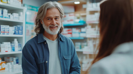A friendly pharmacist with gray hair and a beard talks to a customer in a brightly lit pharmacy.の素材