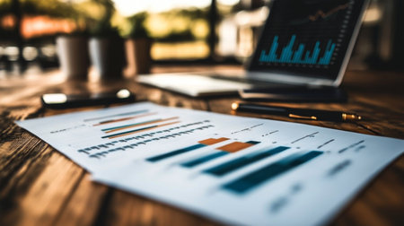Documents with colorful graphs and charts displayed on a rustic wooden table beside a laptop, highlighting data analysis. Soft natural light enhances the setting, suggesting productivity.の素材