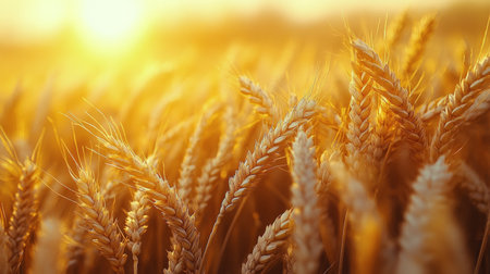 A woman stands in a vast golden wheat field, watching the sun set on the horizon. The serene landscape is illuminated with warm hues, creating a peaceful atmosphere during the evening hours.の素材