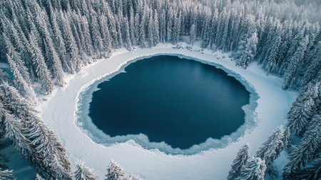 A serene blue lake sits in a snow blanketed forest, with towering pine trees encircling its edges. The still water reflects the tranquil winter landscape.の素材