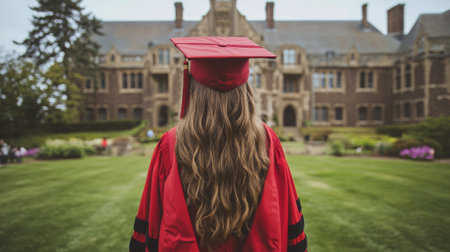 A student stands proudly in a red cap and gown, facing a grand historic university building. The grassy area is lined with flowers, adding to the celebratory atmosphere during graduation day.の素材