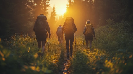 A group of hikers walks along a forest trail illuminated by soft morning light. The mist creates a magical atmosphere as they enjoy their outdoor adventure.の素材