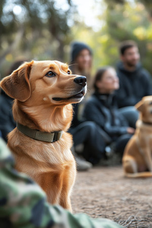 A golden retriever mix sits attentively during a dog training session in a forested setting. Participants are gathered nearby, focused and engaged, creating a supportive atmosphere for learning.の素材