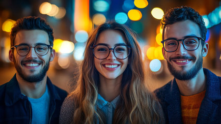 Three friends are smiling happily together in an urban setting at night. The city lights create a lively atmosphere, highlighting their joyful expressions.の素材
