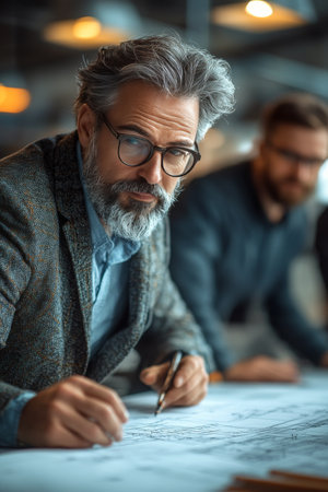 In a modern office, a middle aged man with glasses and a beard concentrates while sketching plans. Two colleagues observe, engaged in the discussion about project development and strategy.の素材