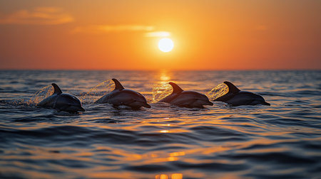 Four dolphins are swimming close together in the ocean as the sun sets on the horizon, casting a warm glow over the water. The tranquil evening creates a serene scene.の素材