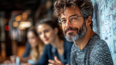 A young woman with curly hair and glasses is focused on her work in a modern environment. Abstract elements in the background suggest a connection to science and technology, highlighting innovation.の素材