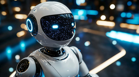 A sleek robot with neon glowing details is present in a dimly lit high tech corridor. Its helmet displays complex digital patterns, suggesting advanced technology.の素材