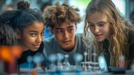 Three students explore a science project together at a workshop, showing curiosity and teamwork while observing experiments with lab equipment and colorful liquids.の素材