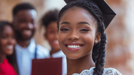 A happy young woman wearing a graduation cap and gown smiles proudly while holding her diploma. Friends and family celebrate her achievement in the background at an outdoor event.の素材