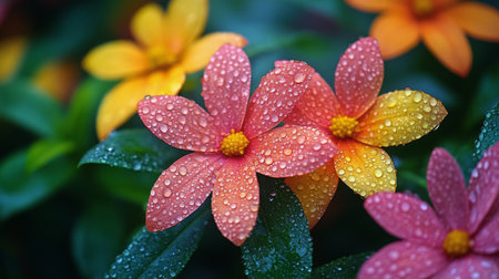 Delicate pink flowers with water droplets enhance the lush green leaves surrounding them. The soft light accentuates the freshness, creating a serene atmosphere in nature.の素材