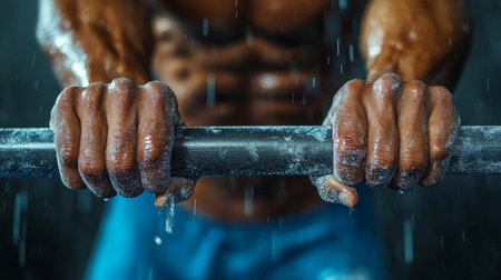 Hands covered in chalk hold tightly onto a gym barbell, showcasing strength and determination during an intense workout session in a dimly lit gym.の素材