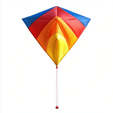 A vibrant kite with a mix of blue, red, orange, and yellow colors is soaring through a clear, sunny sky. The sunlight illuminates the fabric, showing its design and stability in flight.の素材