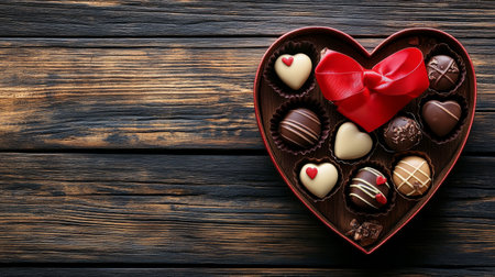 A heart shaped box filled with various chocolates sits on a rustic wooden table. The box features a bright red ribbon, adding a touch of elegance to the sweet assortment.の素材