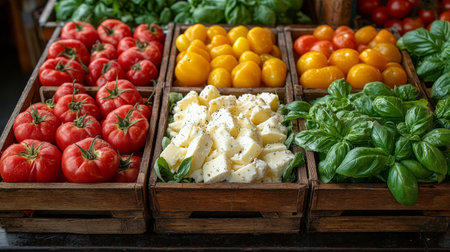 Various types of tomatoes and fresh basil arranged in wooden boxes create a vibrant display at a local market. This colorful assortment showcases seasonal produce and ingredients.の素材