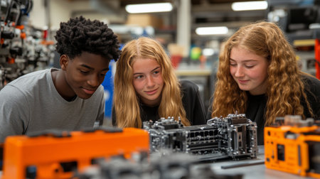 Three friends smile while working together on a project. They sit around a table covered in papers and designs, enjoying their time in a lively creative environment.の素材