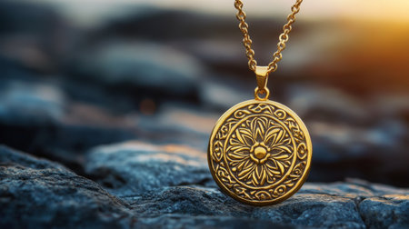 A gold pendant necklace featuring an intricate floral design lies on a bed of textured rocks. The warm glow of sunset enhances the beauty and detail of the pendant.の素材