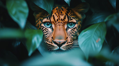 A jaguar with striking fur patterns is seen emerging from dense green leaves in a lush tropical rainforest. Its intense gaze reveals the majestic beauty of this elusive creature.の素材