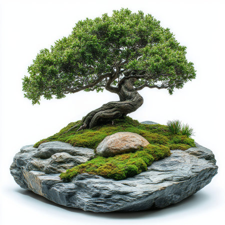A small bonsai tree showcases graceful branches and vibrant green leaves atop a moss covered rock. The arrangement highlights intricate details of nature in a peaceful environment.の素材