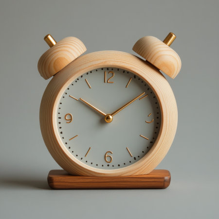 A stylish clock is shown with a round wooden face and simple black hands, resting atop a smooth, rounded stone base in grey. The design emphasizes minimalism and elegance.の素材