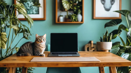 A tabby cat explores a wooden desk with a laptop, surrounded by lush indoor plants. The cozy setting showcases modern decor and natural elements, creating a serene atmosphere.の素材