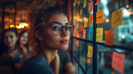 A diverse group of young professionals focuses on an idea sharing session, surrounded by sticky notes on a glass wall. The atmosphere is creative and collaborative, showing teamwork in action.の素材
