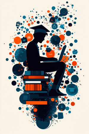 In a peaceful library, a person uses a laptop to delve into data networks. The screen displays intricate patterns of connections, illuminated by soft ambient light from surrounding shelves.の素材