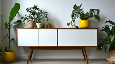 A stylish wooden cabinet with white doors sits against a wall, adorned with vibrant indoor plants in yellow pots. Natural light highlights the contemporary design and greenery.の素材