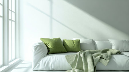 A cozy living area featuring a light colored sofa adorned with green cushions. Soft shadows from a window illuminate the space.の素材