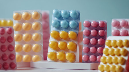 Brightly colored candies of various shapes are neatly arranged on a conveyor belt in a candy production facility. The vibrant display showcases a deep focus on candy making processes.の素材