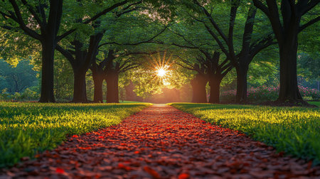 A serene pathway lined with lush green grass and trees, illuminated by warm sunlight as it sets in the background. The path is covered in fallen leaves, creating a peaceful atmosphere.の素材